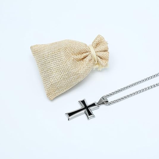 HZMAN Men's Stainless Steel Cross Pendant Necklace with Wheat Chain