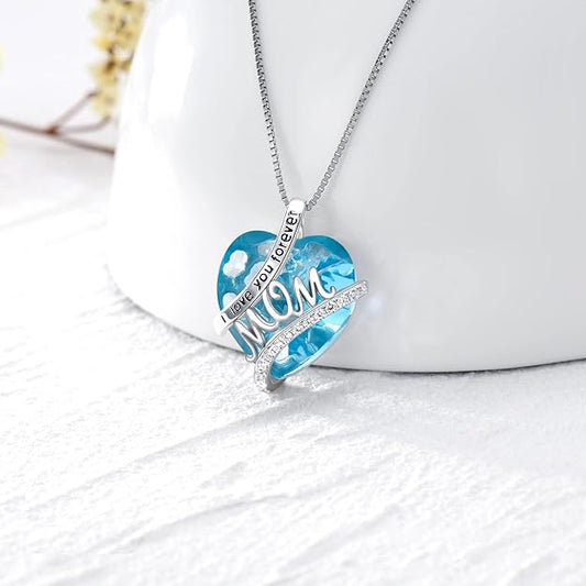 Mothers Necklace Gifts for Mom from Daughter Son, 925 Sterling Silver I Love You Mom Necklace Heart Birthstone Pendant Jewelry Birthday Mothers Day Valentines Day Gifts for Women Mom