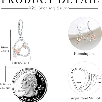 Hummingbird Earrings 925 Sterling Silver Heart Flower Hummingbird Earrings