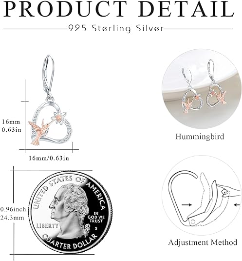 Hummingbird Earrings 925 Sterling Silver Heart Flower Hummingbird Earrings