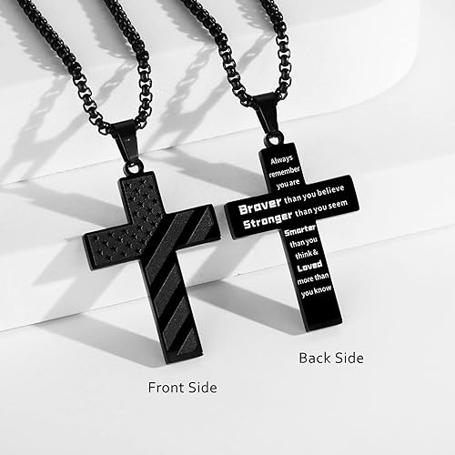 American Flag Cross Necklace for Boys Stainless Steel Box Chain 22+2 inch Inspirational Bible Verse Cross Pendant