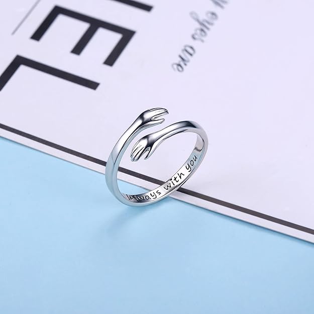 Yesteel S925 Sterling Silver Hug Ring for Women Teen Girls, Adjustable Ring Jewelry Mothers Day Birthday Gifts for Daughters Mom Sister Wife Friends Grandma