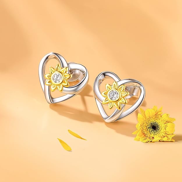 SNZM Stud Earrings for Women, S925 Sterling Silver Sunflower Earrings for Women Girls, Dainty Heart Stud Earrings Ear Wrap Jewelry for Valentine's Day/Birthday Gift