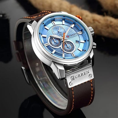 FANMIS Mens Sport Military Analog Quartz Watch Chronograph Classic Casual Business Dress Waterproof Watch Multifunctional Wristwatch with Leather Strap