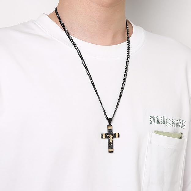 HZMAN Jesus Cross Necklace for Men Boy Stainless Steel Small Crucifix Cross Necklace Pendant Christian Jewelry Gift with 24Inch Cuban Chain