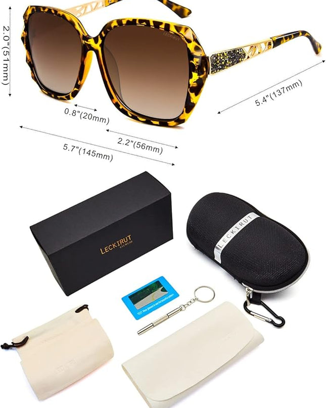 LECKIRUT Oversized Sunglasses for Women Polarized UV Protection Classic Fashion Ladies Shades Black Frame Gray Lens