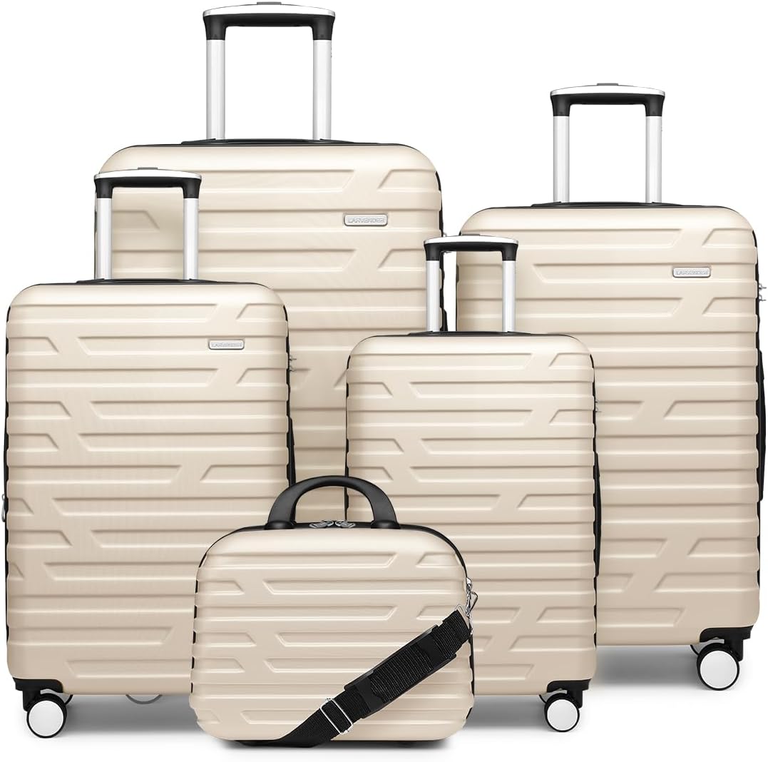 LARVENDER Luggage Sets for Women 5 Piece Hardside Expandable Suitcases with Wheels TSA Lock, Lightweight Travel Carry On Suitcase Set with Cosmetic Case, Cream White