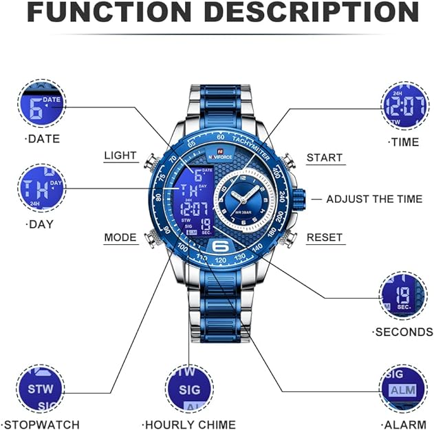 NAVIFORCE Men's Multifunction Waterproof Sport Analog Digital Quartz Watch with Chronograph Dual Time Alarm SIG Snooze Function