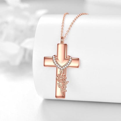 Cross Necklace for Women 925 Sterling Silver Rose Flower/Sunflower Pendant Flower Religious Christian Jewelry Gift for Girls