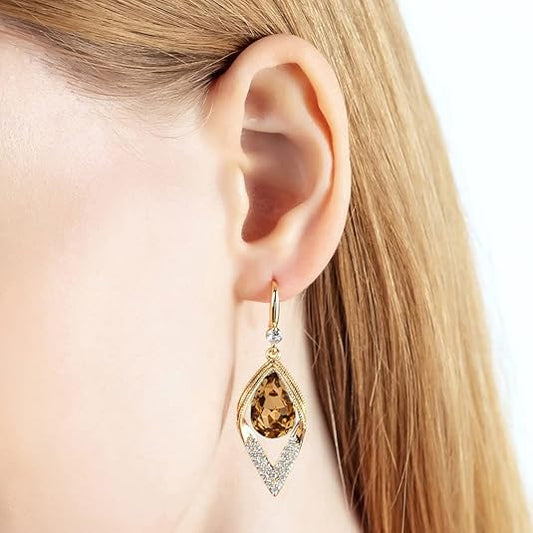 Austrian Crystal Teardrop Hollow Leaf Drop Dangle Earrings for Women 14K Rose Gold Plated Hypoallergenic Jewelry