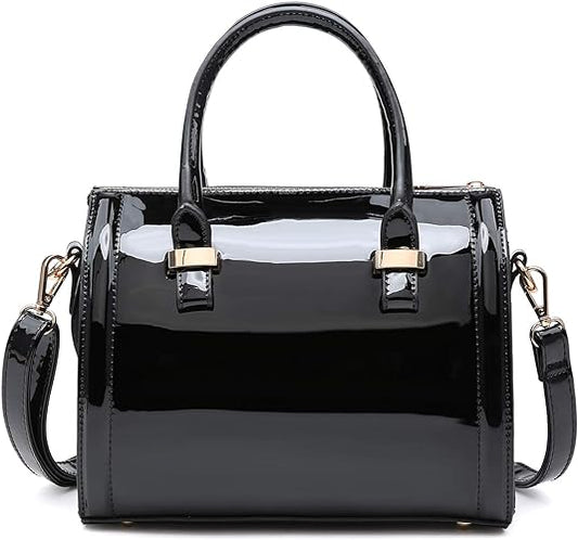 Shiny Patent Faux Leather Handbags Barrel Top Handle Purse Satchel Bag Shoulder Bag for Women