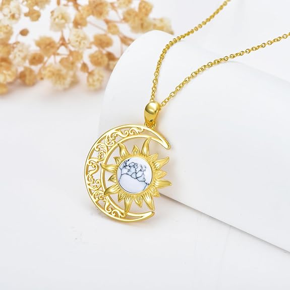Crescent Necklace for Women 18K Gold Plated Moon and Sun Pendant with Natural Gemstone Christmas Birthday Jewelry Gifts for Women Girls Sisters Daughter