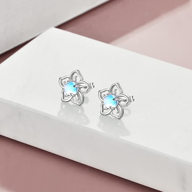 Flower Moonstone Earrings Sterling Silver Stud Earrings Moonstone Jewelry for Women Hypoallergenic Earrings for Sensitive Ears