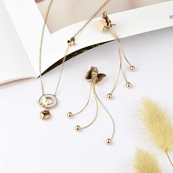 EVEVIC Stainless Steel Butterfly Necklace Earrings Set for Women 14K Gold Plated Hypoallergenic Jewelry Sets