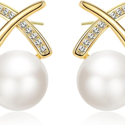 Pearl Earrings for Women 14K Gold Plated Hypoallergenic Pearl Earrings 5A Cubic Zirconia Dangle Earrings Elegant Jewelry