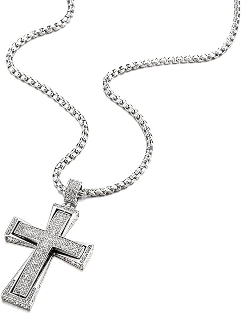 COOLSTEELANDBEYOND Men's Women's Large Steel Cross Pendant Necklace with Cubic Zirconia and Wheat Chain