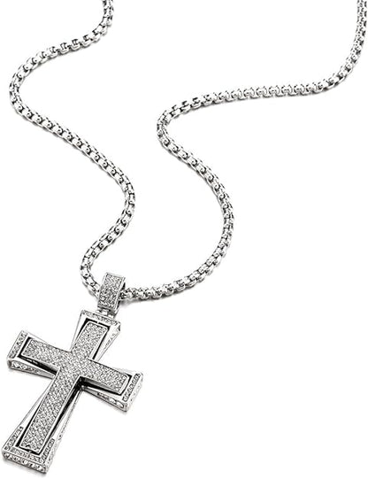 COOLSTEELANDBEYOND Men's Women's Large Steel Cross Pendant Necklace with Cubic Zirconia and Wheat Chain