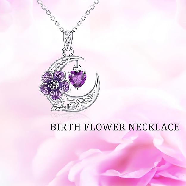 Shysnow Crescent Birth Flower Necklace for Women 925 Sterling Silver Moon Birthstone Pendant Necklace with Heart Zircon 12 Birth Months Floral Jewelry Birthday Gifts for Mother Grandmother