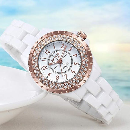 Gosasa Womens Luxury Wrist Watch Fashion Rhinestone White Ceramic Watch Casual Lady Nice Dress Watches