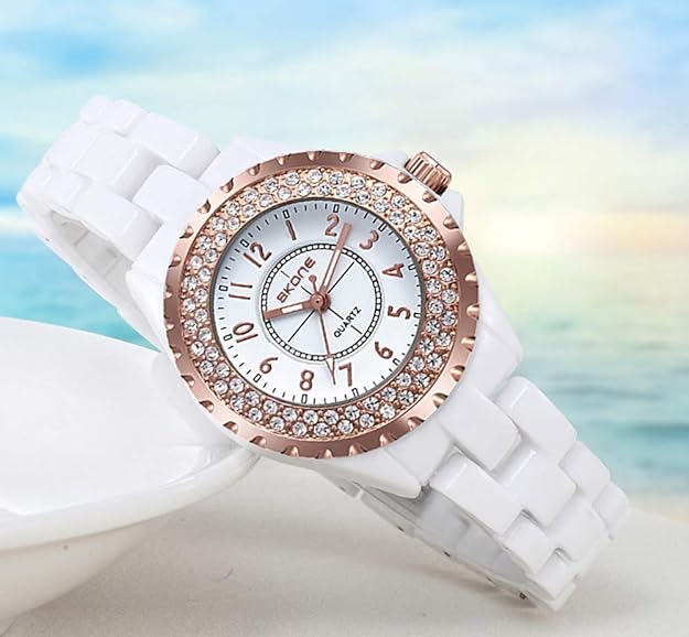 Gosasa Womens Luxury Wrist Watch Fashion Rhinestone White Ceramic Watch Casual Lady Nice Dress Watches
