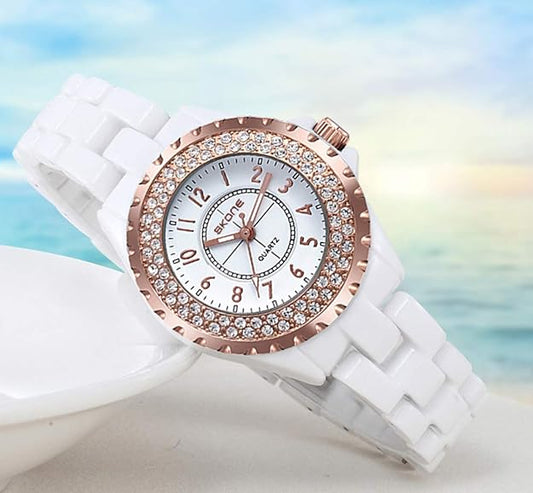 Gosasa Womens Luxury Wrist Watch Fashion Rhinestone White Ceramic Watch Casual Lady Nice Dress Watches