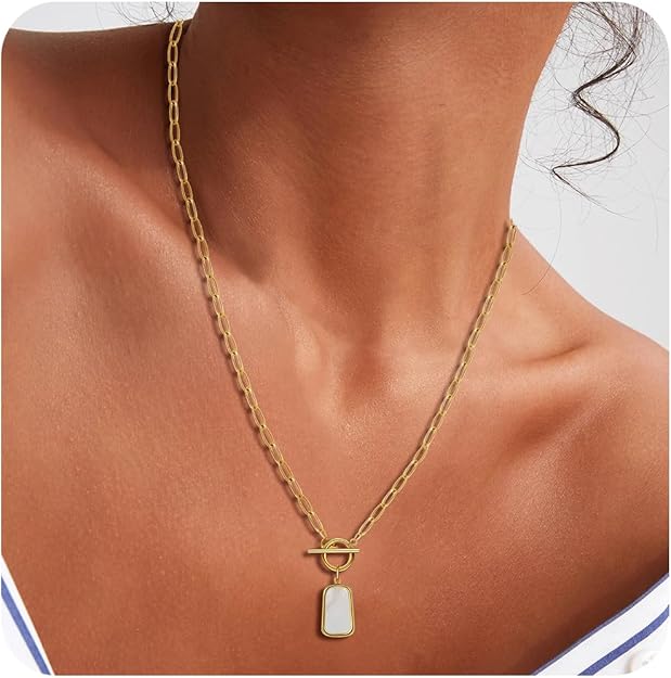 Natural White Sea Shell OT Buckle Long Plate Pendant Necklace For Women Trendy Elegant in Color and Luster Titanium Steel Electroplated with 18K Gold Necklace