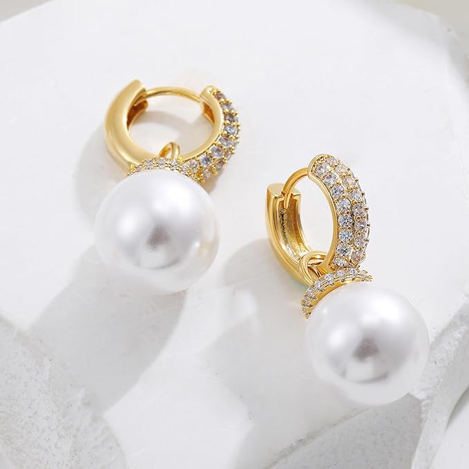 14K Gold Convertible Pearl Earrings for Women, Lightweight White Shell Pearl