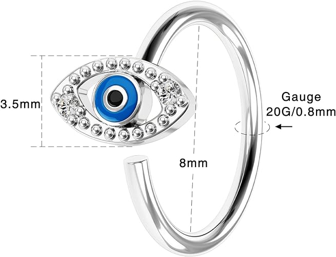 OUFER 20G Nose Ring Hoop，316L Stainless Steel Blue Evil Eye Cartilage Earrings，Nose Piercing