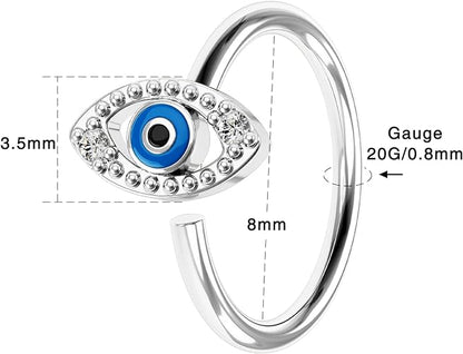 OUFER 20G Nose Ring Hoop，316L Stainless Steel Blue Evil Eye Cartilage Earrings，Nose Piercing