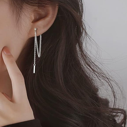 SLUYNZ Solid 925 Sterling Silver Bar Dangle Earrings for Women Teen Girls Minimalist Dangle Earrings Threader Chain