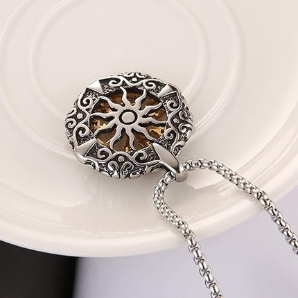 HZMAN Viking Vegvisir Norse Compass Stainless Steel Necklace Double-Sided Hollow Engraving Sun Totem Pendant Norse Amulet Jewelry