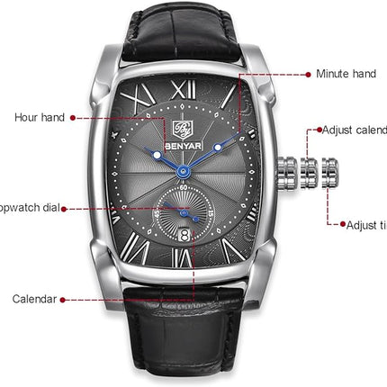 BENYAR Waterproof Classic Rectangle Case Vintage Design Watches Leather Strap Business Casual Wrist Watch for Men