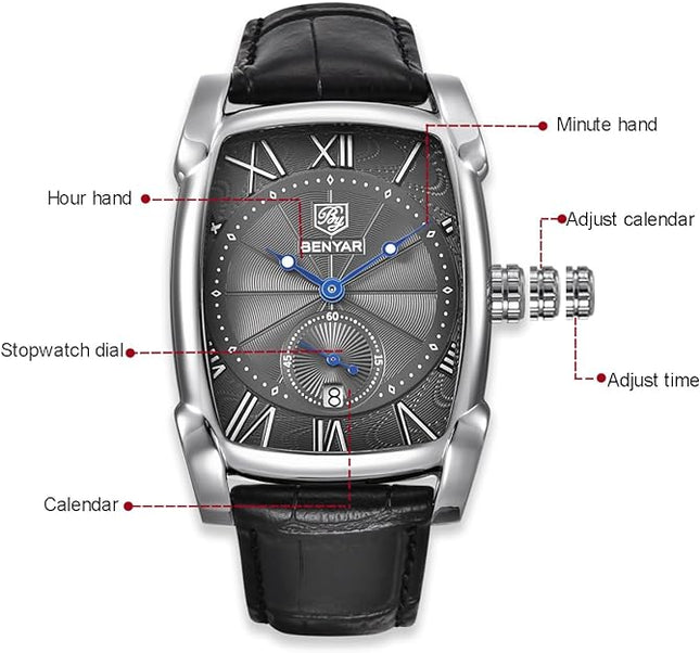 BENYAR Waterproof Classic Rectangle Case Vintage Design Watches Leather Strap Business Casual Wrist Watch for Men