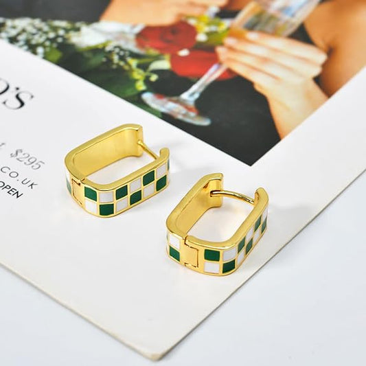 Dainty Checkered Oval Hoop Earrings,18K Gold Filled Enamel Oval Hoop Earrings,For Women Checker Chunky Oval Hoop Earrings,Hypoallergenic Earrings