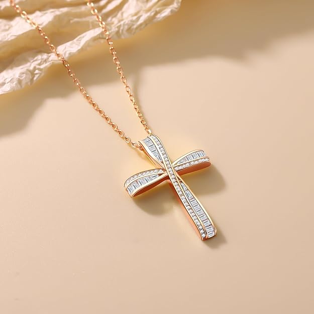 Cross Necklace for Women, 925 Sterling Silver 18K Gold Plated Cross Necklaces for Women, Cross Pendant with 5A Cubic Zirconia Diamond, Birthday Christmas Jewelry Gifts for Women Her Wife