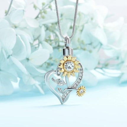 Heart Urn Necklace for Ashes Sunflower Cremation Jewelry for Women Stainless Steel Memorial Necklaces Ash Holder for Human Pets Keepsake Jewelry for Loved Ones with Fill Tool