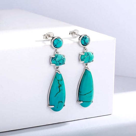 Sterling Silver Turquoise Dangle Earrings for Women: Bohemia Hypoallergenic Dangle Drop Stud Earrings Jewelry Gift Birthday Mother's Day Christmas Gift for Women