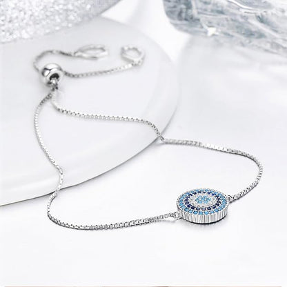 BISAER 925 Sterling Silver Blue Evil Eye Bracelet with Cubic Zirconia Hamsa Adjustable Chain Bracelets for Women