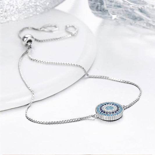 BISAER 925 Sterling Silver Blue Evil Eye Bracelet with Cubic Zirconia Hamsa Adjustable Chain Bracelets for Women