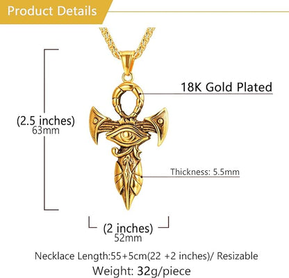 U7 Horus Necklaces for Men Women, Stainless Steel Gold Plated Ankh Cross Egyptian Symbol Jewelry, Eye of Horrus Pendant with 22 Inch Chain