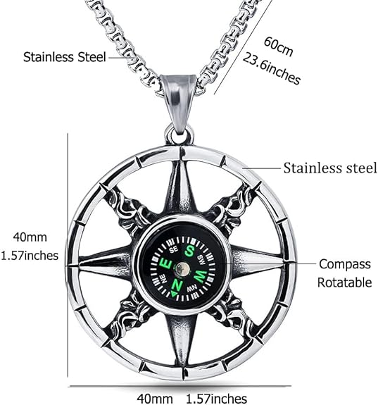 Jemant Compass Necklace For Men Silver Stainless Steel Chain Viking Goth Vintage Engraved Pattern Round Compass Pendant Necklace Non Tarnish Waterproof Jewelry For Navy Sailors