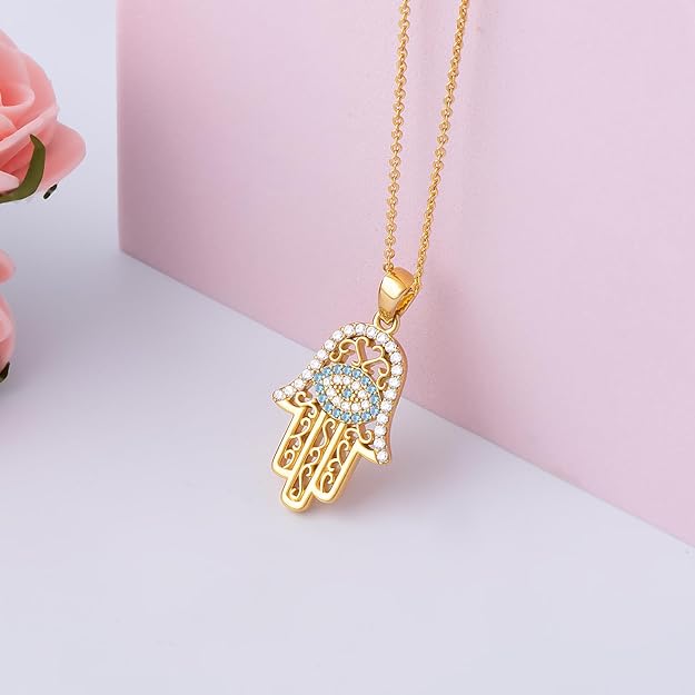 White Gold 14K Gold Plated Necklaces for Women Evil Eye Necklace for Women Girls Evil Eye Hamsa Hand of Fatima Pendant Necklace Good Luck Necklace Jewelry