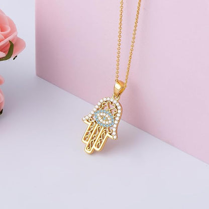 White Gold 14K Gold Plated Necklaces for Women Evil Eye Necklace for Women Girls Evil Eye Hamsa Hand of Fatima Pendant Necklace Good Luck Necklace Jewelry