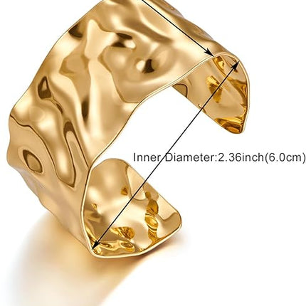 WOWORAMA Hammered Chunky Cuff Bracelets for Women Vintage Boho Wide Bangle Bracelets Irregular Statement Bracelet Thick Arm Cuff Gold Silver Bracelet