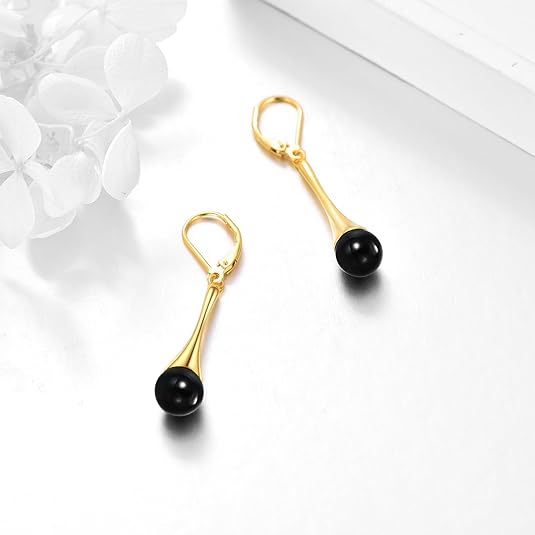 Black Onyx Drop Earrings for Women Sterling Silver 18K Yellow Gold Plated Filigree Black Onyx Dangle Leverback Earrings Jewelry Gifts for Girls