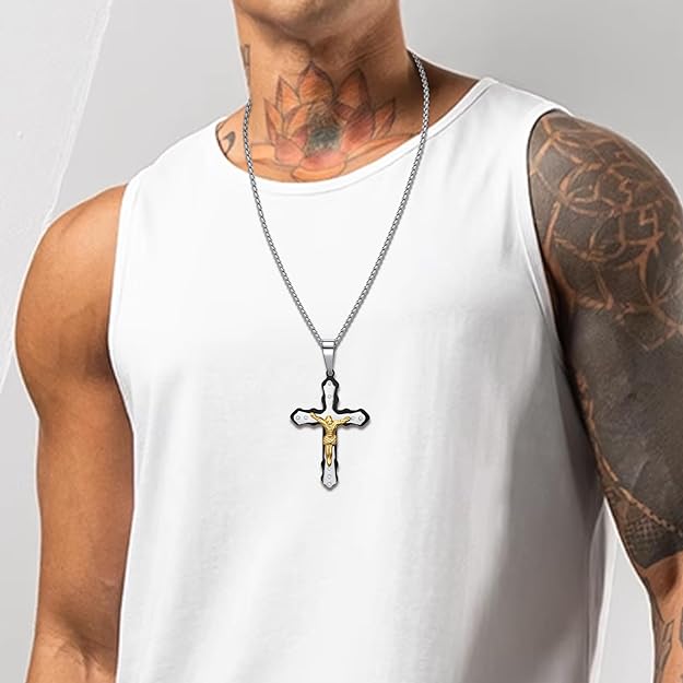 SILBAZ Cross Necklace Stainless Steel Crucifix Pendant Crucifix Necklace Religious Cross Jewelry Birthday Gift for Men Women