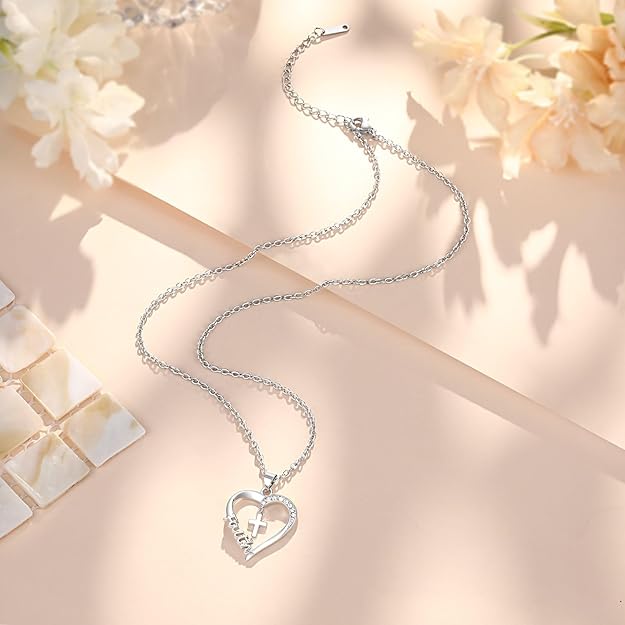 PINKDODO Heart Cross Necklace for Women Baptism Confirmation Easter Gifts