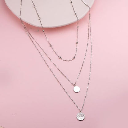 FLYOW Layered Necklace S925 Sterling Silver Triple Multilayer Necklace Long Chain Dainty Pendant Necklace for Women