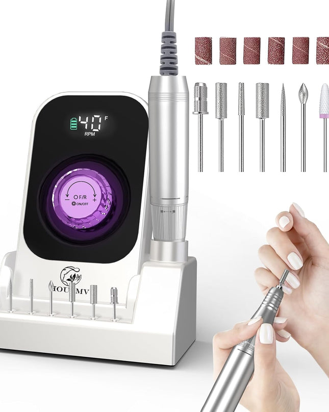 Portable Nail Drill Electric File: 40000RPM Professional Rechargeable Nail E-File Machine, Cordless Nail Drill with Bits & Base for Acrylic Nails Remove Nail Gel Polish Manicure for Salon Home, White