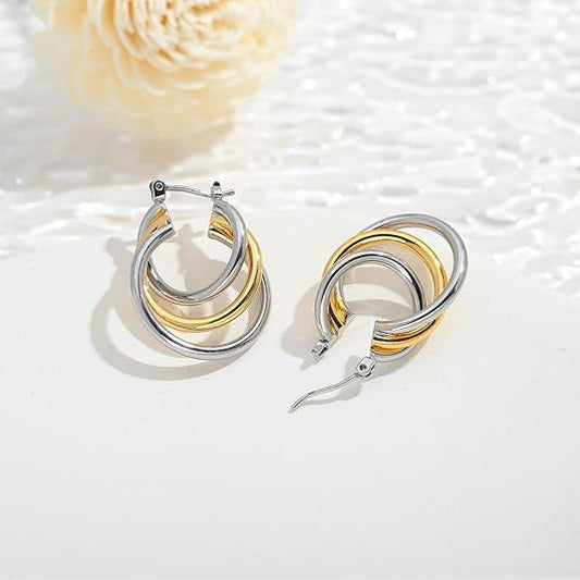 Two Tone Hoop Earrings For Women Three Circle Gold And Silver Earrings Two Circle Two Tone Knot Earrings Chunky Hoop Earrings Fashion Jewelry Gift